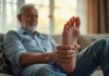 Homme senior se relaxant en massant son pied dans un salon lumineux