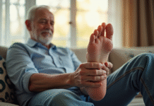 Homme senior se relaxant en massant son pied dans un salon lumineux