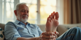 Homme senior se relaxant en massant son pied dans un salon lumineux