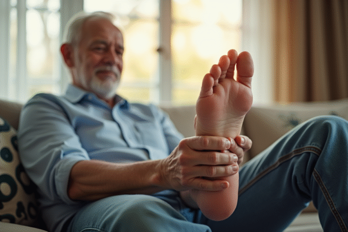 Homme senior se relaxant en massant son pied dans un salon lumineux