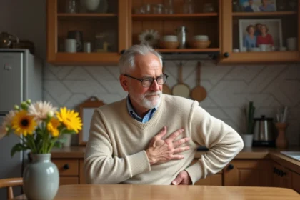 Homme âgé en intérieur avec expression sincère et touchant son dos