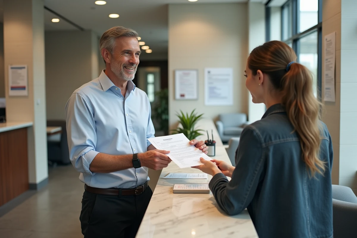 Homme remettant un formulaire au guichet dans un bureau public