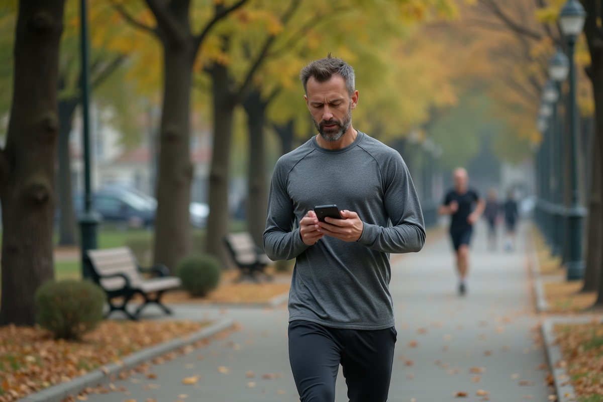 Homme actif marchant dans un parc urbain avec smartphone