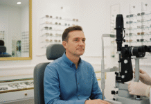 Homme d'âge moyen dans un cabinet d'opticien à Paris