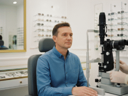Homme d'âge moyen dans un cabinet d'opticien à Paris