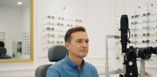 Comment se passe un contrôle de la vue chez un opticien à Paris Homme d'âge moyen dans un cabinet d'opticien à Paris