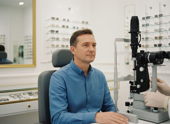 homme-vision-orthoptie-paris Homme d'âge moyen dans un cabinet d'opticien à Paris