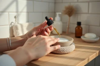 Femme appliquant une huile naturelle sur ses ongles pour faire disparaître les taches blanches