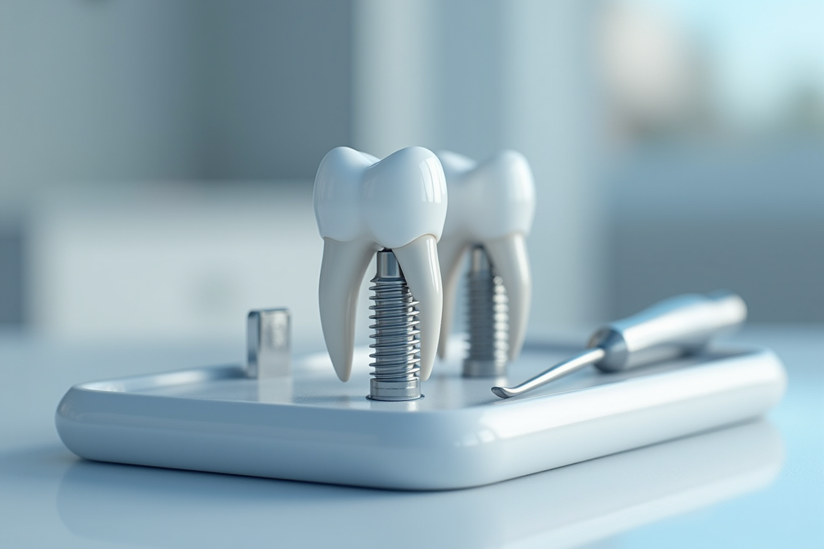 Zoom sur un implant dentaire avec dents naturelles sur un plateau