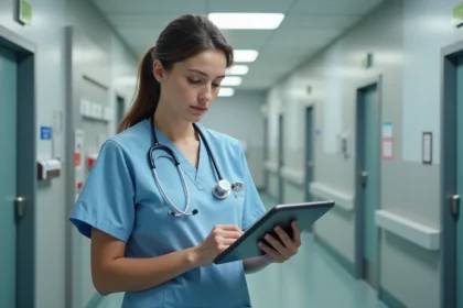 Infirmière en blouse bleue met à jour un dossier numérique