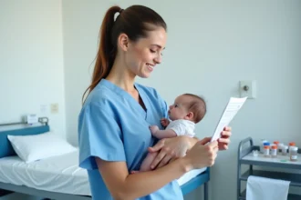 Infirmière pédiatrique tenant un nourrisson en consultant un résultat de bilirubine dans un service hospitalier