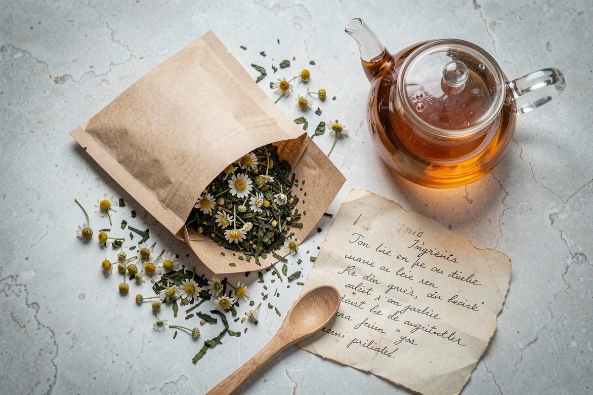 Mise à plat de plantes médicinales et d'un thé détox style Lulutox avec ingrédients naturels sur fond pierre