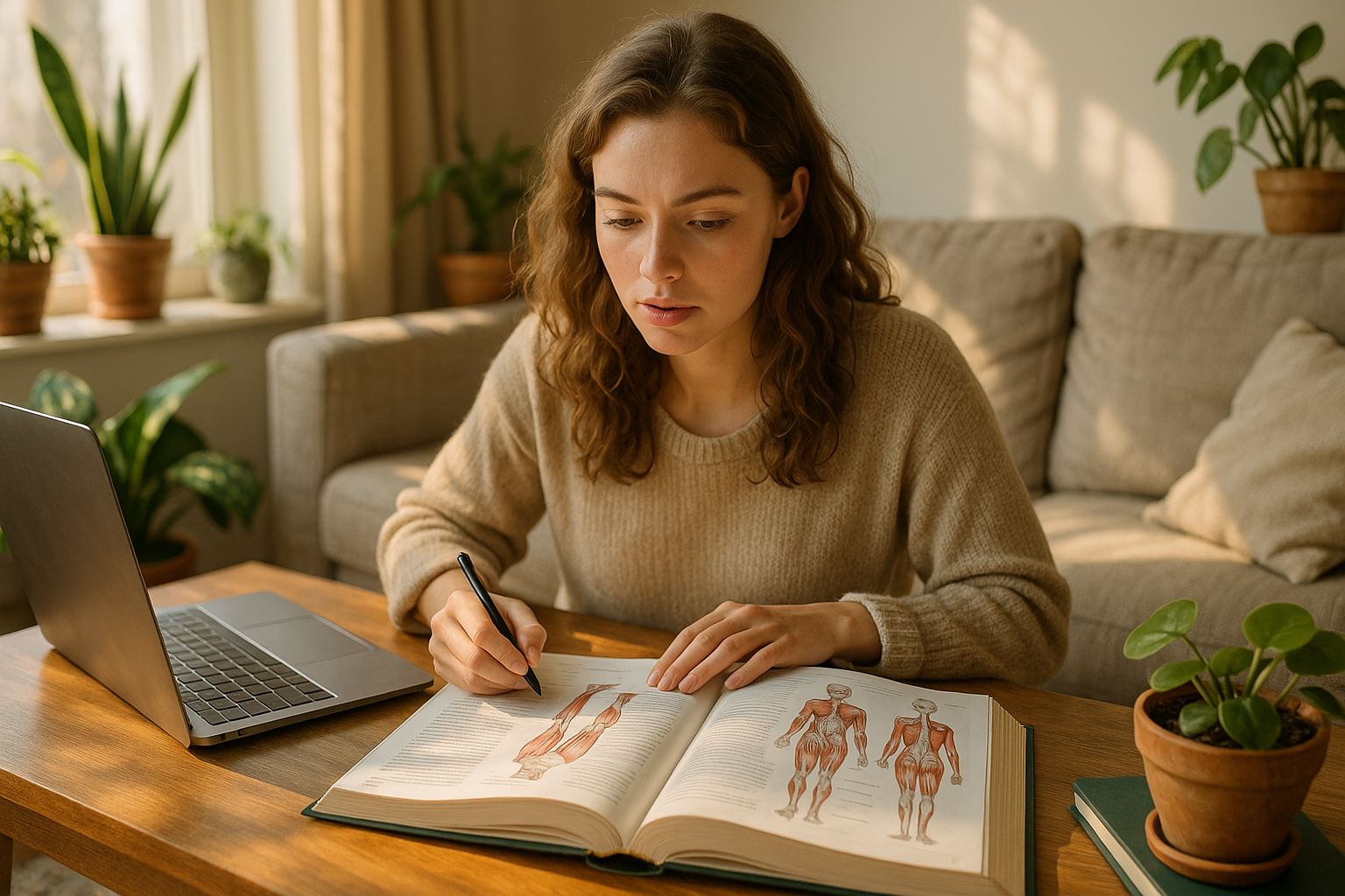 Jeune femme étudie la kinésiologie à la maison avec livre et ordinateur
