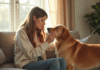 Jeune femme caressant un chien golden retriever en salon lumineux