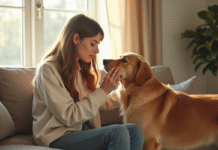 Jeune femme caressant un chien golden retriever en salon lumineux