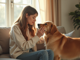 Jeune femme caressant un chien golden retriever en salon lumineux