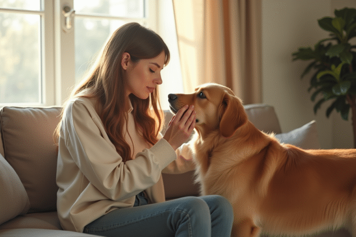 Jeune femme caressant un chien golden retriever en salon lumineux