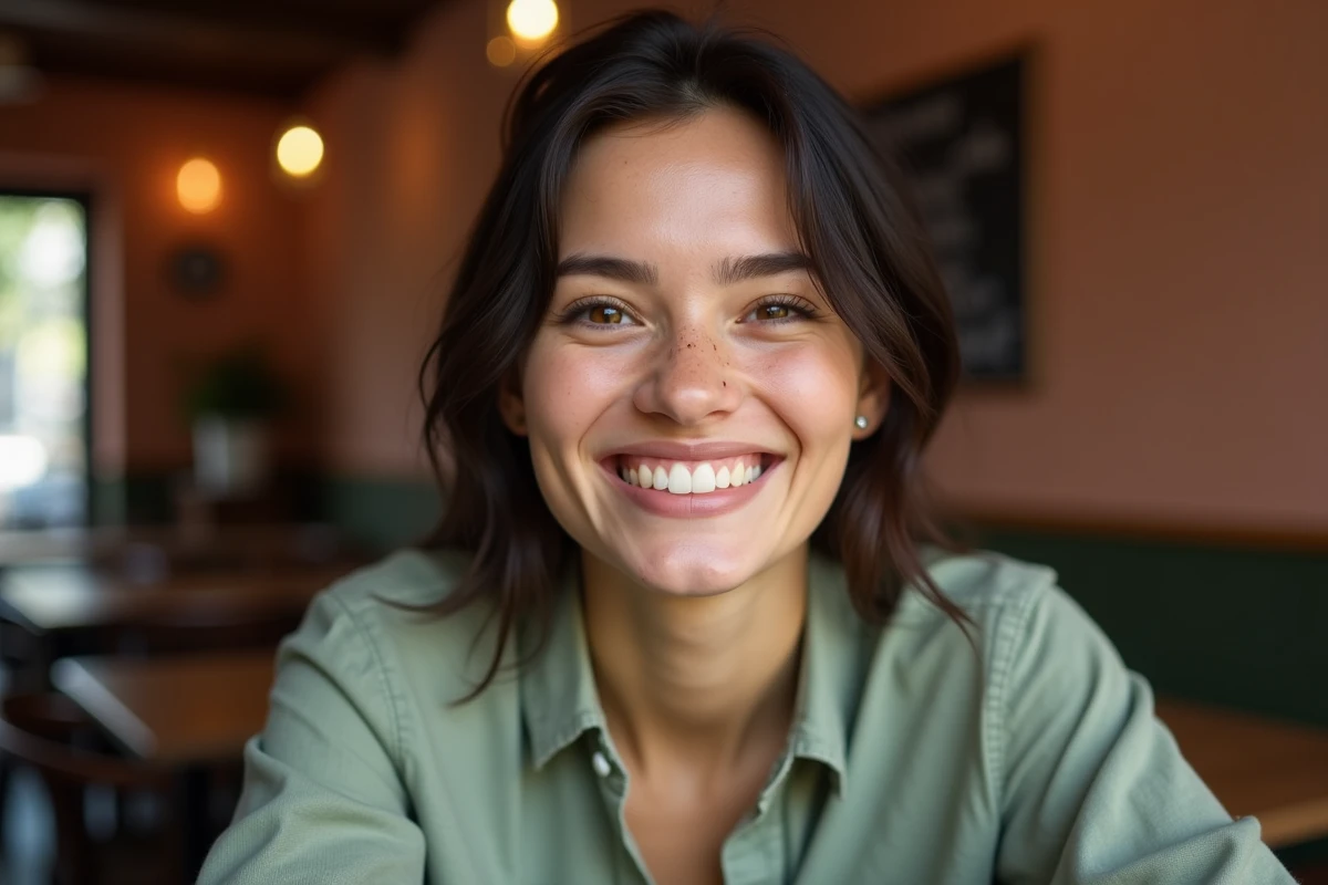 Jeune femme souriant avec confiance dans un café après un traitement de blanchiment dentaire The Smilist