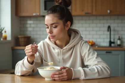 Jeune femme mangeant un yogourt crémeux dans la cuisine