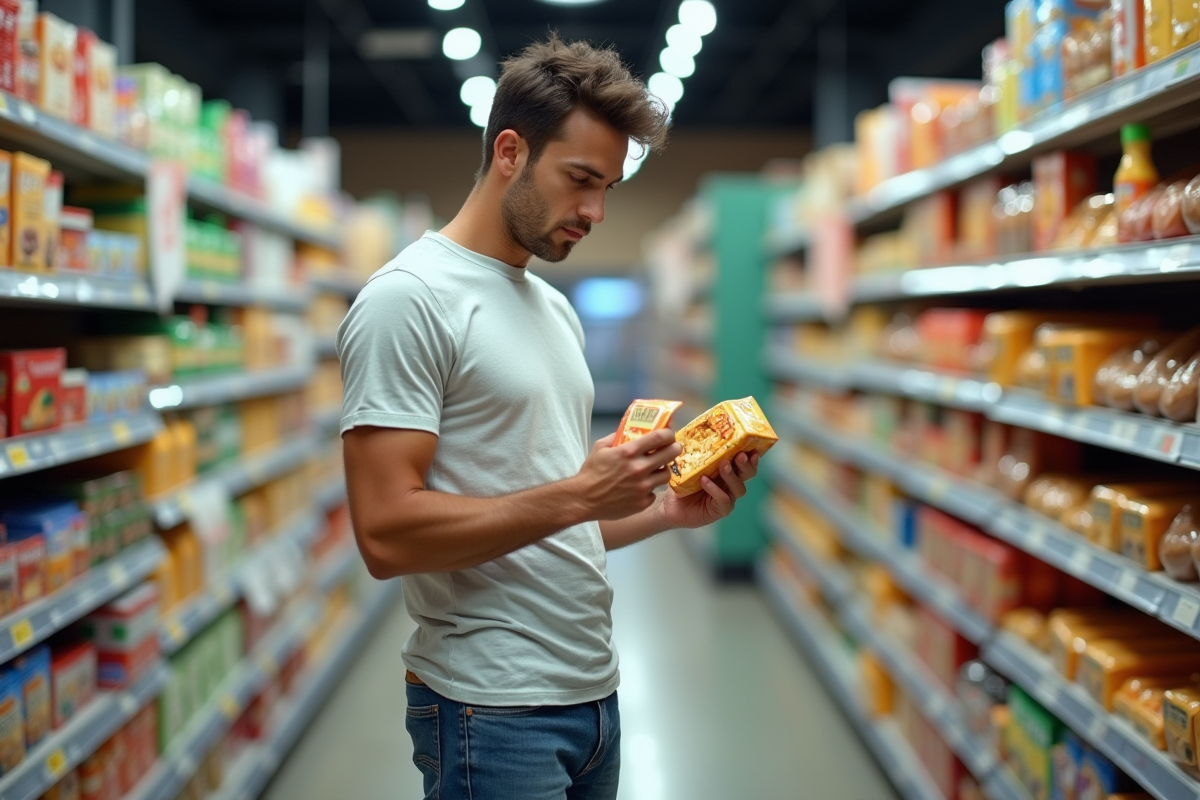 Jeune homme en supermarché comparant deux aliments emballés