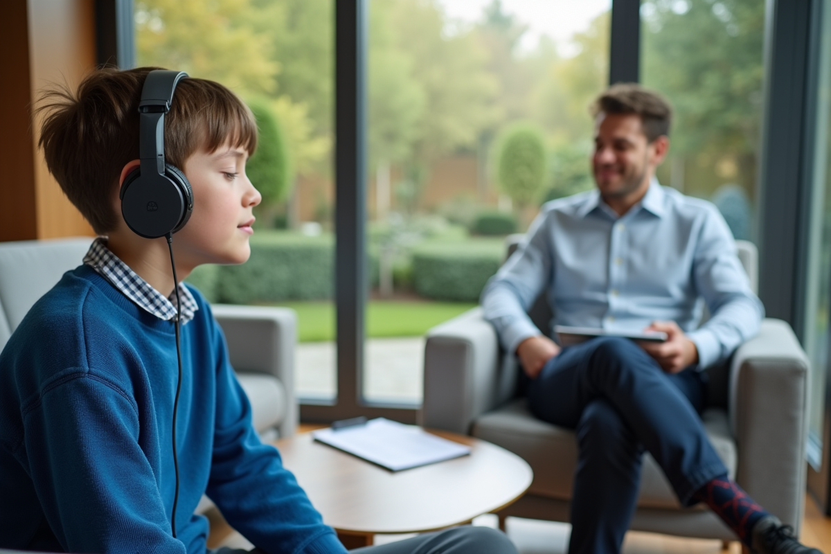 Adolescent en écouteurs avec un thérapeute dans un salon moderne et lumineux