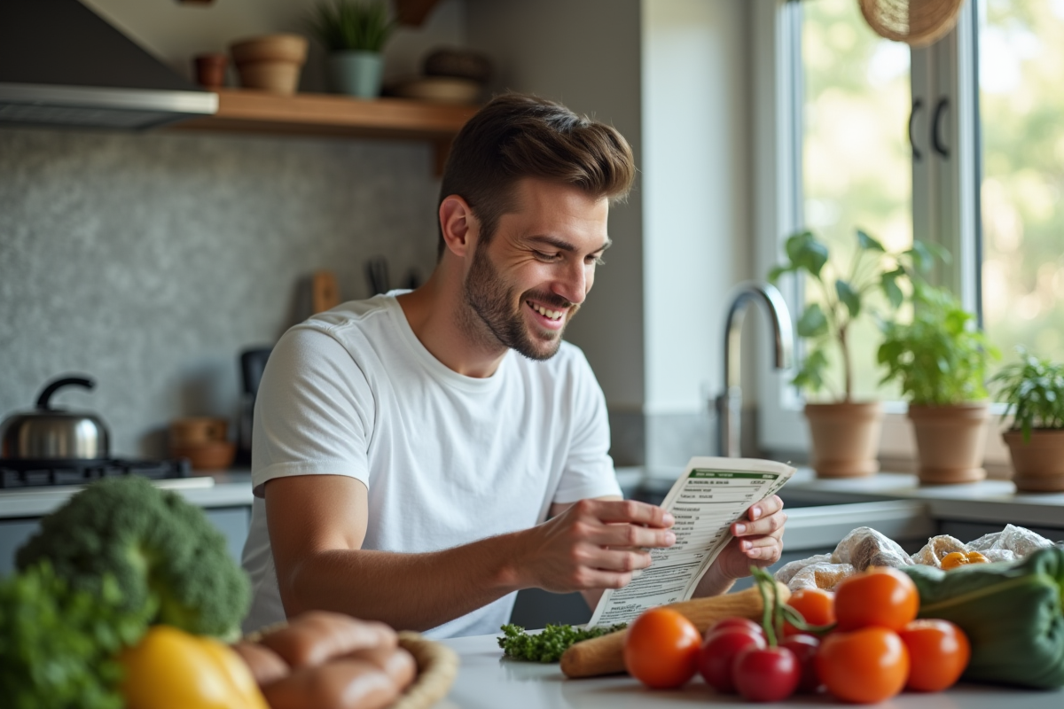 Jeune homme examinant une étiquette alimentaire dans la cuisine