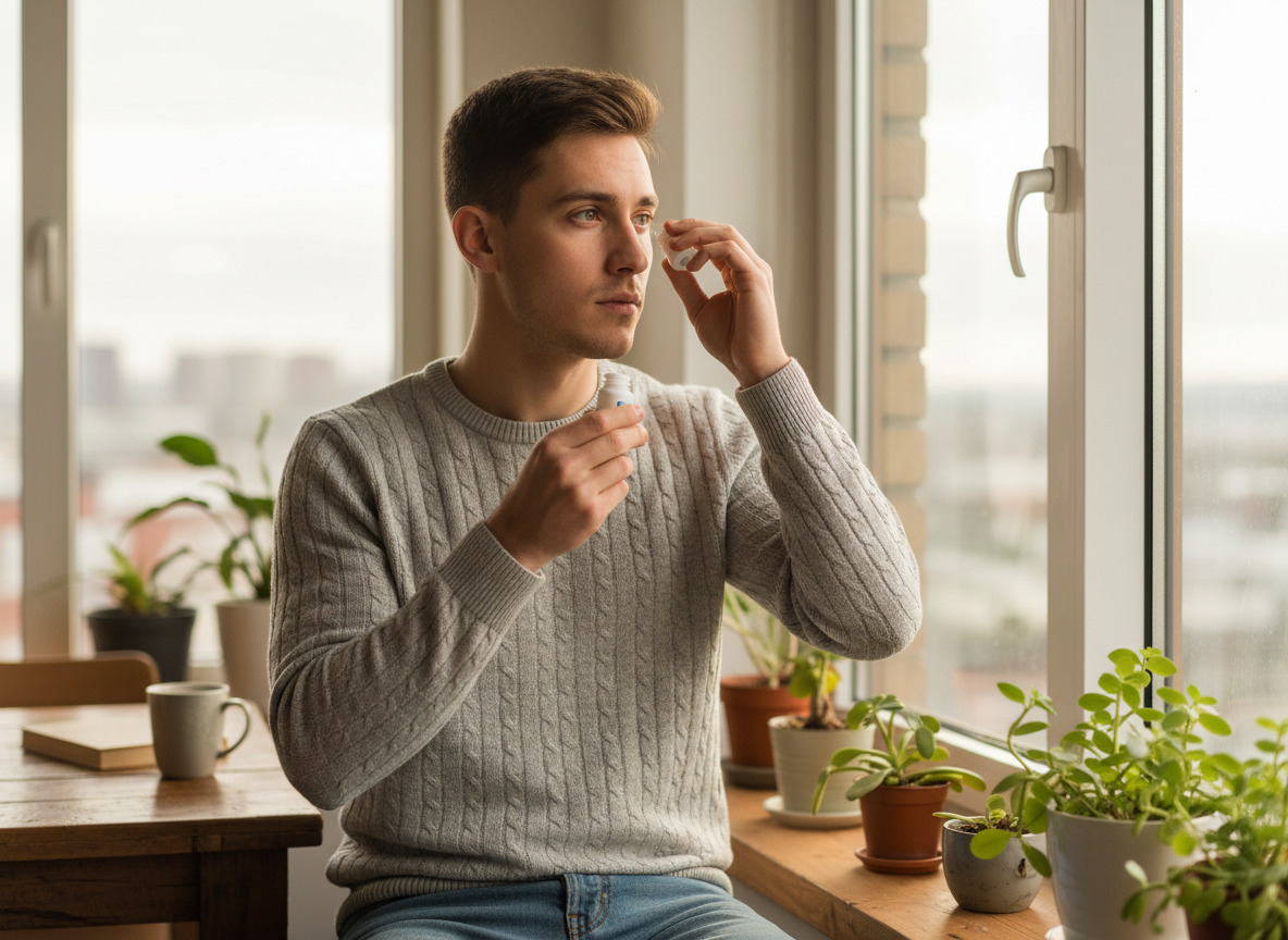 Jeune homme appliquant des gouttes pour les yeux à la maison