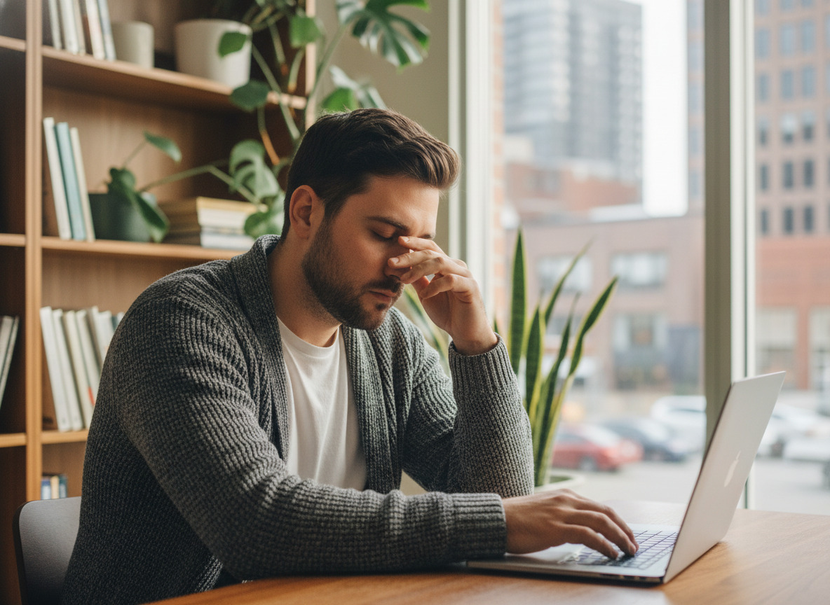 Jeune homme fatigué travaillant sur son ordinateur à la maison