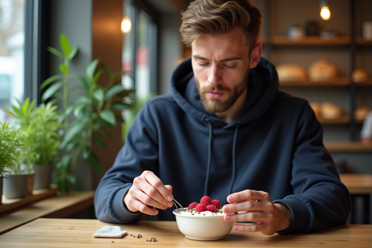 Jeune homme lisant une étiquette nutrition dans un café