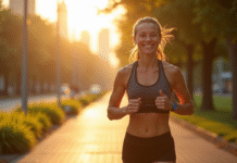 Joggeur souriant courant en ville le matin