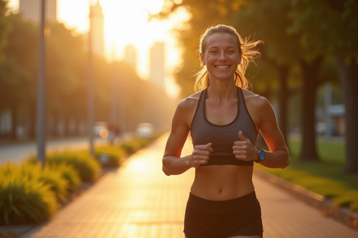 Joggeur souriant courant en ville le matin