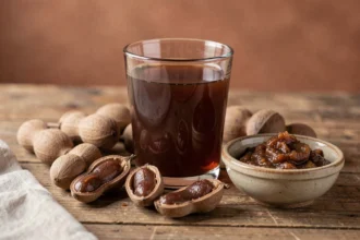 Verre de jus de tamarin ambré posé sur une table en bois avec des gousses de tamarin fraîches et de la pâte de tamarin dans un bol en céramique