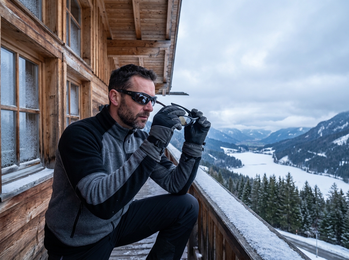 Homme examinant ses lunettes de montagne anti-UV près d'un chalet alpin avec lac et forêt de pins en contrebas
