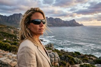 Femme portant des lunettes de soleil polarisées sur une falaise côtière avec montagnes en arrière-plan, illustrant le choix de lunettes entre mer et montagne