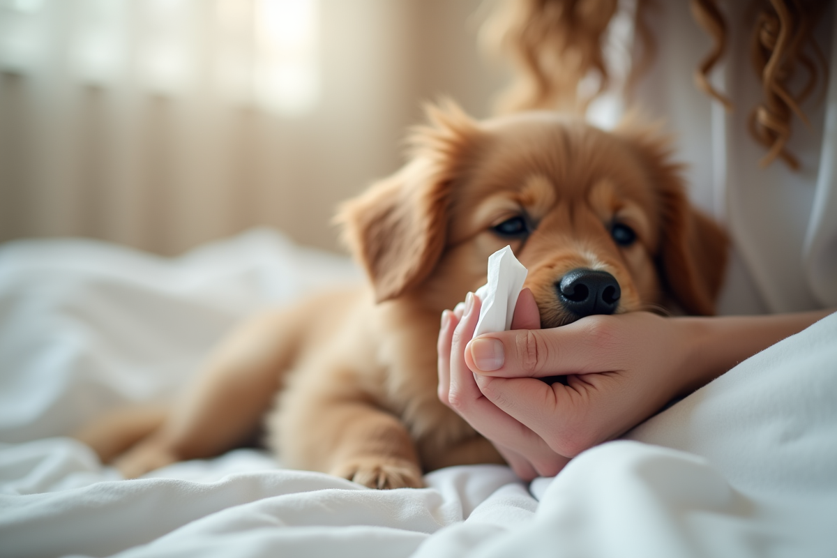 Mains tenant un mouchoir près du nez avec un chien flou en arrière-plan