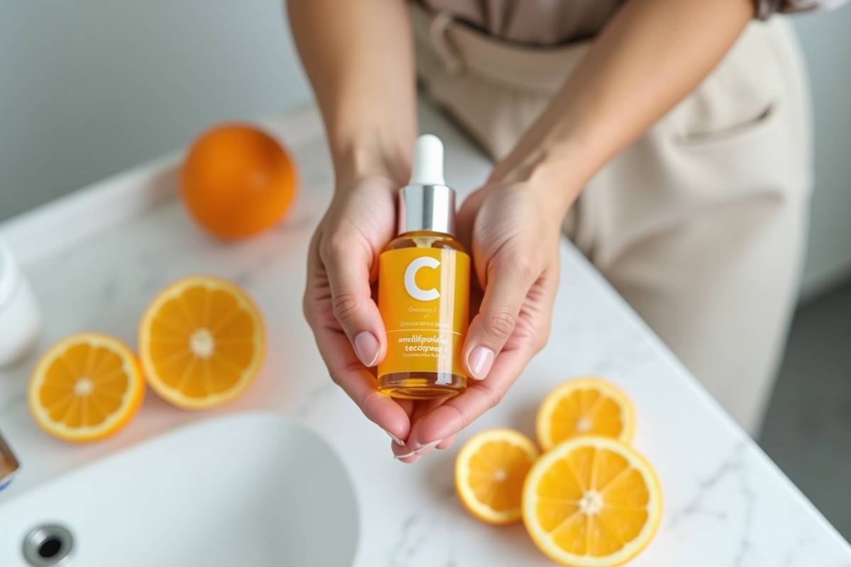 Mains senior tenant bouteille de serum et tranches d