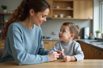 Maman donne des gouttes CELESTENE à son enfant assis