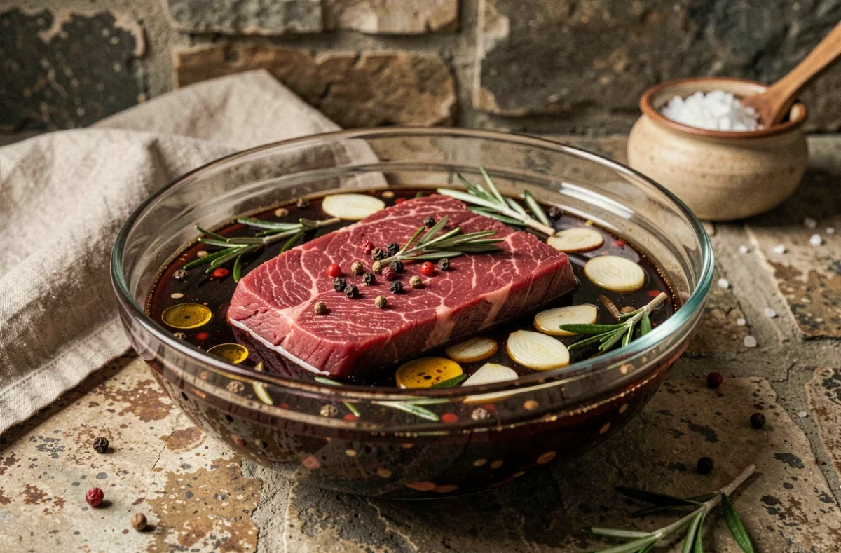 Pièce de viande rouge maigre type bavette marinant dans un bol en verre avec huile d'olive, herbes et ail pour attendrir les fibres avant cuisson