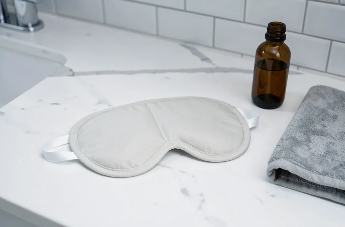 Masque réutilisable pour migraine posé sur un comptoir en marbre blanc dans une salle de bain, composition épurée