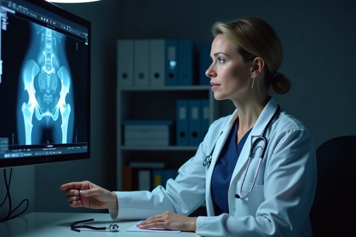 Médecin gynécologue analysant une échographie pelvienne montrant un kyste ovarien sur écran rétroéclairé en cabinet médical