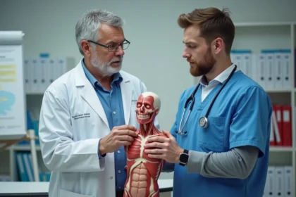 Médecin en blouse blanche expliquant l'anatomie à un volontaire