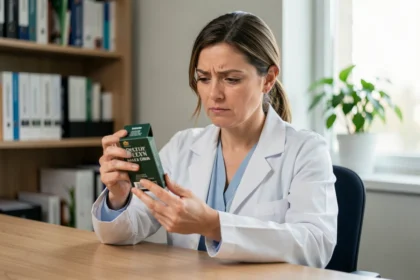 Médecin femme examinant une boîte de thé détox Lulutox avec un regard critique dans un cabinet médical moderne