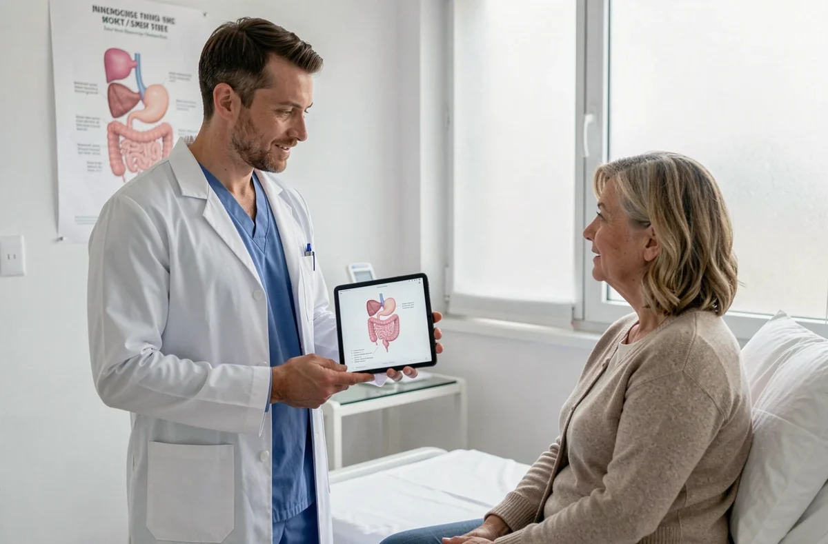 Médecin expliquant le diagnostic de diverticulite à une patiente à l'hôpital avec une tablette médicale