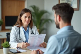 Médecin expliquant des résultats d'analyses sérologiques EBV à un patient lors d'une consultation médicale