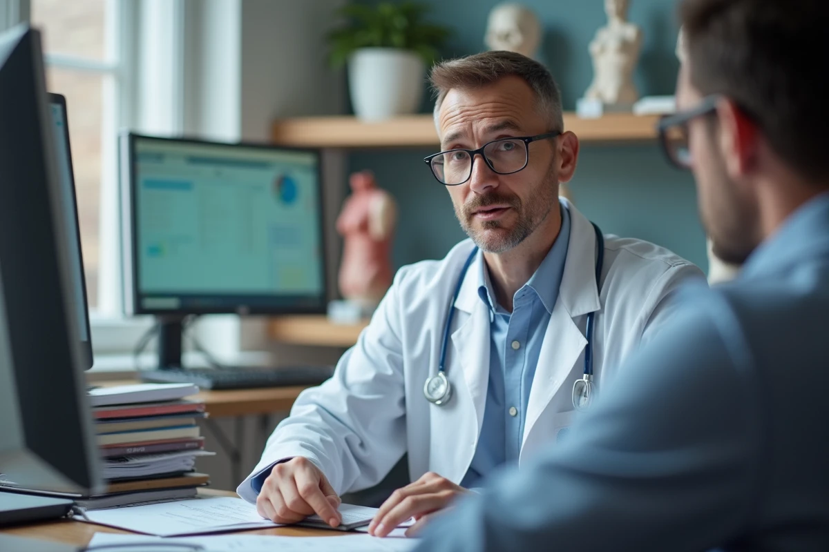 Docteur expliquant des résultats à un patient dans un cabinet