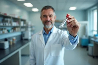 Médecin en blouse blanche tenant un test tube scelle dans un laboratoire