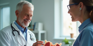 Medecin expliquant un modele d'os et moelle osseuse