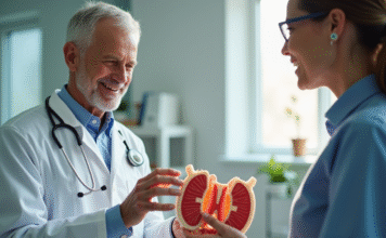 Medecin expliquant un modele d'os et moelle osseuse