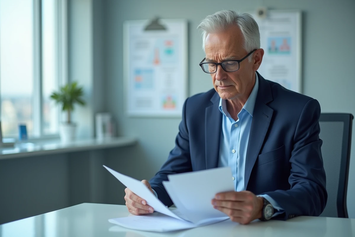 Oncologue expérimenté examinant des documents en consultation