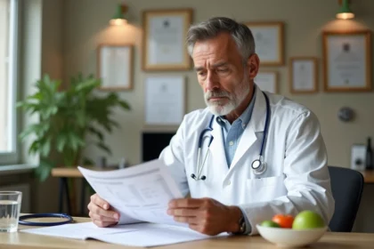 Médecin examinant des résultats d'analyses sanguines montrant des transaminases élevées dans un cabinet médical moderne
